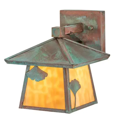 Nature-inspired elegance meets luxurious sophistication for a dramatic upscale design statement for stunning interior and exterior lighting applications. The Ginkgo Leaf Wall Sconce features Verdigris finished Brass Ginkgo Leaves and hardware. The Mission styled shade is highlighted with beautiful Beige Flemish Glass. The Stillwater Ginkgo Wall Sconce is offered in our American designed; handmade Craftsman Signature Series. Manufactured in Yorkville; New York. UL and cUL listed for dry; damp and wet locations. - alternate view