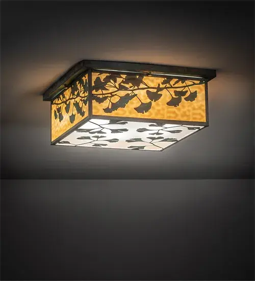 Nature-inspired elegance meets luxurious sophistication for a dramatic upscale design statement. This stunning ceiling fixture features Verdigris finished Brass Ginkgo Leaves and hardware. The side panels are offered in Beige Flemish Glass which is enhanced with a Clear Seeded bottom diffuser. The Hyde Park Ginkgo Flushmount is featured in our American designed; handmade Craftsman Signature Series. Manufactured in Yorkville; New York. UL and cUL listed for dry and damp locations.