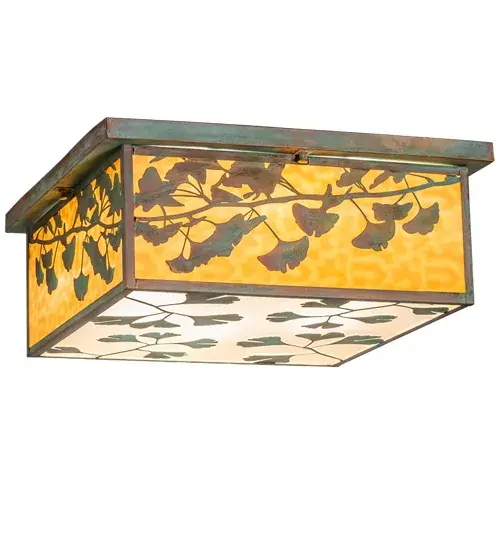 Nature-inspired elegance meets luxurious sophistication for a dramatic upscale design statement. This stunning ceiling fixture features Verdigris finished Brass Ginkgo Leaves and hardware. The side panels are offered in Beige Flemish Glass which is enhanced with a Clear Seeded bottom diffuser. The Hyde Park Ginkgo Flushmount is featured in our American designed; handmade Craftsman Signature Series. Manufactured in Yorkville; New York. UL and cUL listed for dry and damp locations. - alternate view