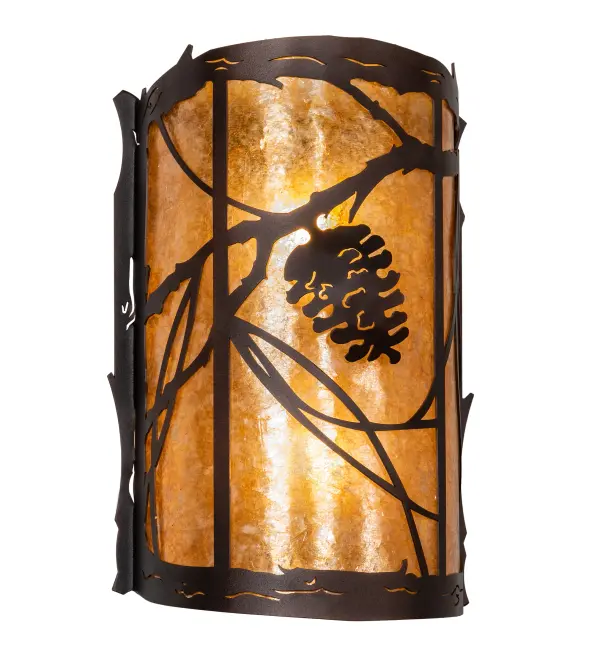 Listen closely. You can almost hear the soft whisper of the pine branches as they dance in the wind. Enjoy the warm ambiance of soft beautiful light diffused through an Amber Mica shade featuring stunning Pinecone and Pine Branch designs. This left side wall fixture is enhanced with a Mahogany Bronze finish and can be paired with the Whispering Pines Right Wall Sconce, model 234447. Handcrafted by highly skilled artisans in our 180,000 square manufacturing facility in Yorkville, New York. Shade colors, metal finishes and sizes can be customized. UL and cUL listed for dry and damp locations. Collection: Whispering Pines Finish: Mahogany Bronze Glass: Amber Mica Width: 9.50" Height: 14.50" Length: 5.50" Weight: 3.50 lb Extension from Wall: 5.50" Number of Bulbs: 2 Maximum Wattage: 60.00 W Bulb Type: A19 Bulb Base: E26 Material: Steel Country of Origin: USA Safety Listing: Damp Safety Rating: Damp