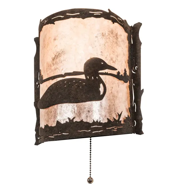Listen to the melodious calls of the Loon echo across the mountain lake as this aquatic bird wades across the water while the lazy afternoon sun shines brightly in the background. The Loon Right Wall Sconce features a Silver Mica shade, which is complemented by an appealing frame and hardware featuring a Distressed Chestnut finish. The wall fixture includes a pull-chain for easy on/off functionality. A complementary Loon Left Wall Sconce (204796) is also available. The Loon Wall Sconces are included in our American-made, American-designed, handcrafted Wildlife Collection and manufactured in Yorkville, New York. UL and cUL listed for dry and damp locations. Collection: Loon Finish: Distressed Chestnut Glass: Silver Mica Width: 9.00" Height: 9.75" Length: 3.75" Weight: 2.00 lb Extension from Wall: 3.75" Number of Bulbs: 1 Maximum Wattage: 60.00 W Bulb Type: A19 Bulb Base: E26 Material: Steel Country of Origin: USA Safety Listing: Damp Safety Rating: Damp