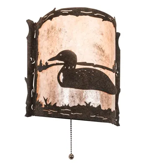 Listen to the melodious calls of the Loon echo across the mountain lake as this aquatic bird wades across the water while the lazy afternoon sun shines brightly in the background. The Loon Left Wall Sconce features a Silver Mica shade, which is complemented by an appealing frame and hardware featuring a Distressed Chestnut finish. The wall fixture includes a pull chain for easy on/off functionality. A complementary Loon Right Wall Sconce (204794) is also available. The Loon Wall Sconces are included in our American-made, American-designed, handcrafted Wildlife Collection and manufactured in Yorkville, New York. UL and cUL listed for dry and damp locations. Collection: Loon Finish: Distressed Chestnut Glass: Silver Mica Width: 9.00" Height: 9.75" Length: 3.75" Weight: 2.00 lb Extension from Wall: 3.75" Number of Bulbs: 1 Maximum Wattage: 60.00 W Bulb Type: A19 Bulb Base: E26 Material: Steel Country of Origin: USA Safety Listing: Damp Safety Rating: Damp
