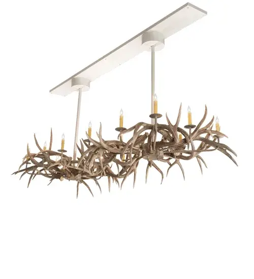 Capture the rustic charm of naturally shed; hand selected Antlers from Mule Deer. No animals are harmed and all Antlers are 100 percent authentic. This massive chandelier is adorned with 20 complementary faux candlelights and enhanced with a Beige Satin finish. Overall height ranges from 46 to 168 inches as the chain length easily adjusts in the field. The Antlers Chandelier is featured in our American manufactured; American designed; handmade Antlers Lighting Collection. Manufactured in Yorkville; NY. UL & cUL listed for dry and damp locations. Our unique Antler fixtures are handcrafted using sustainably harvested; naturally shed Antlers. No two antlers are exactly alike and natural variations may be expected from each one-of-a-kind piece. - alternate view