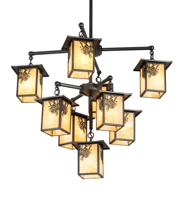 A Winter Pinecone with Pine Needles delicately etched of Solid Brass. Rustic charm comes alive with soft ambient light projected through nine stunning Beige Art Glass lanterns. This elaborate Nature Inspired chandelier is complemented with Craftsman Brown finished hardware. Handcrafted by highly skilled artisans in our 180;000 square foot manufacturing facility in Yorkville; New York. Diffuser colors; metal finishes and fixture sizes can be customized to your needs. UL and cUL listed for dry and damp locations.