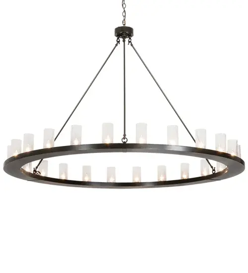 Blending an elegant style with a classic, distinguished look... This massive Loxley chandelier is custom-crafted with 24 Clear Seeded Glass Cylindres, providing beautiful ambient lighting. These illuminating elements are perched on a sturdy ring, enhanced with a Timeless Bronze finish. The luxurious custom-crafted fixture is ideal for illuminating ballrooms, dining areas, lobbies, entryways, and other residential, hospitality, and commercial spaces. The Loxley 24 Light Chandelier is part of our American-made, American-designed, handcrafted Loxley Lighting Collection. This fixture is manufactured in Yorkville, New York, and is UL and cUL listed for dry and damp locations. The Loxley Collection features various chandeliers, pendants, and wall sconces designed with sturdy rings accented with faux candlelights or cylindrical elements. Many of these fixtures make great statement pieces for large spaces and can be customized with your choice of size, finish, and lamping. Collection: Loxley Finish: Timeless Bronze Glass: Clear Seeded Glass Width: 72.00" Height: 165.00" Length: 72.00" Weight: 85.00 lb Number of Bulbs: 24 Maximum Wattage: 40.00 W Bulb Type: B11 Bulb Base: E26 Material: Steel Country of Origin: USA Safety Listing: Damp Safety Rating: Damp - alternate view