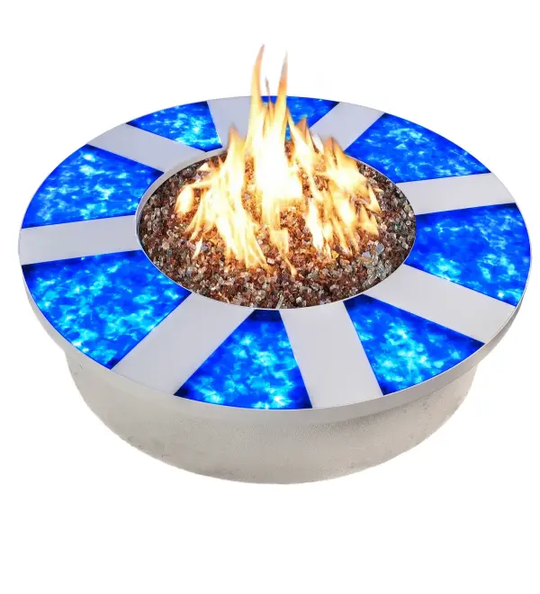 Inspired by gods of fire Vulcan and Hephaestus... The Lakeview Outdoor Fireplace features Meyda Tiffany fused glass that is illuminated by integral LEDs from within. The labor-intensive production included 40 hours of kiln casting time to create each of the 16 multi-dimensional glass tiles. The custom glass tile pattern was commissioned to surround Warming Trends custom ready to finish outdoor gas fire pit kit. The lighted tiles illuminate independently of the Crossfire Burner to create a one of a kind outdoor patio experience. Handmade in our 180,000 square foot manufacturing facility in Yorkville, New York. We can customize outdoor fireplaces to meet your needs. Collection: Lakeview Finish: White Gloss Glass: White And Blue Fused Glass Width: 66.00" Height: 17.50" Length: 66.00" Number of Bulbs: 3 Maximum Wattage: 244.00 W Bulb Type: LED Bulb Base: INTEGRAL Light Source: LED Color Temperature: 3000 K Material: Metal Country of Origin: USA Safety Listing: Wet Safety Rating: Wet LED