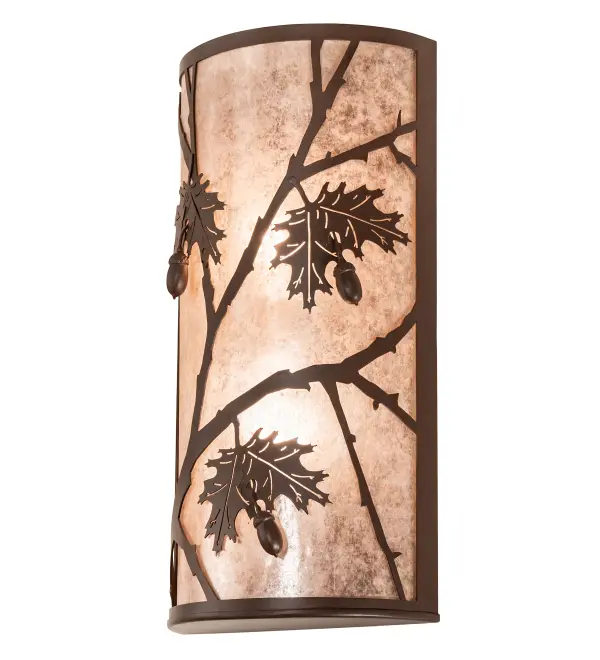 The material is Steel and Mica. The finish is Cafe Noir. The diffuser is Silver Mica. Collection: Oak Leaf & Acorn Finish: Cafe Noir Glass: Silver Mica Width: 10.00" Height: 20.00" Length: 4.50" Weight: 7.50 lb Extension from Wall: 4.50" Number of Bulbs: 2 Maximum Wattage: 60.00 W Bulb Type: A19 Bulb Base: E26 Material: Steel Country of Origin: USA Safety Listing: Damp Safety Rating: Damp