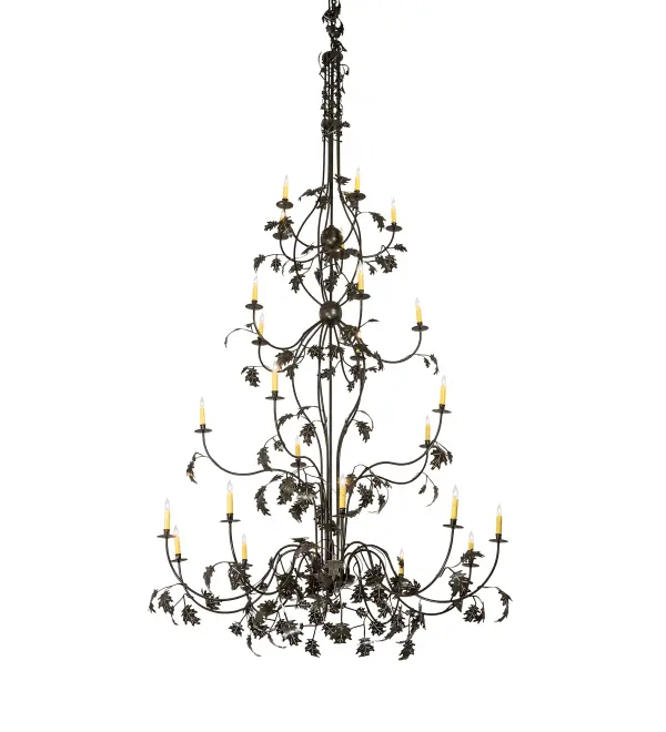 The material is Steel. The finish is Timeless Bronze. Collection: Oak Leaf Finish: Timeless Bronze Glass: Sunflower,Amber,Green,Beige Width: 72.00" Height: 120.00" Length: 72.00" Weight: 62.00 lb Number of Bulbs: 25 Maximum Wattage: 60.00 W Bulb Type: BA9 Bulb Base: E12 Material: Steel Country of Origin: USA Safety Listing: Damp Safety Rating: Damp