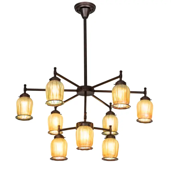 Recreating an era of style and charm from a wonderful by-gone era; the Revival Chandelier features nine Favrile-styled; Squash Blossom Shades in Gold Iridescent blown-glass. The shades are embraced by Mahogany Bronze finished hardware designed and crafted with the exact details of old world artisanship. This chandelier re-creates the famous Tiffany Favrile design from the early 1900s. The Revival Favrile Chandelier is included in our American made; American designed handcrafted Revival Collection. Manufactured in Yorkville; New York. UL and cUL listed for dry and damp locations.