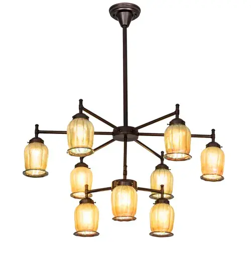Recreating an era of style and charm from a wonderful by-gone era; the Revival Chandelier features nine Favrile-styled; Squash Blossom Shades in Gold Iridescent blown-glass. The shades are embraced by Mahogany Bronze finished hardware designed and crafted with the exact details of old world artisanship. This chandelier re-creates the famous Tiffany Favrile design from the early 1900s. The Revival Favrile Chandelier is included in our American made; American designed handcrafted Revival Collection. Manufactured in Yorkville; New York. UL and cUL listed for dry and damp locations. - alternate view