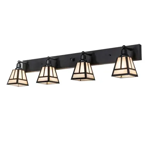 Perfect for fine interior lighting applications; the Brass T" Mission Lighting fixture features a Craftsman Signature-style lantern. The fixture features four Sahara Taupe Idalight shades that are enhanced with a Solid Brass constructed frame and hardware finished in Old Wrought Iron for durability and longevity. Perfect for illuminating fine baths and hallways in homes and hospitality locations from Biltmore; North Carolina; to Dumbarton Oaks in Washington; DC; to Montecito; California. The "T" Mission Vanity Light is included in our American-made; American-designed; handcrafted Mission Lighting Collection and manufactured in Yorkville; New York. UL and cUL listed for dry; damp and wet locations." - alternate view