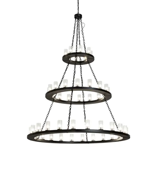 Replicating an old world chandelier of yore. Loxley was custom crafted with 48 Clear Seeded Glass Cylindres on three decorative rings which are hand finished in a Textured Black. Ideal for illuminating dining areas; conference tables; lobbies and other residential and commercial spaces. The overall height ranges from 101 to 172 inches as the chain length can be easily adjusted in the field to accommodate your specific lighting application needs. Handcrafted in our 180;000 square foot manufacturing facility in Yorkville; New York. Diffuser colors; metal finishes and chandelier sizes can be customized to meet your needs. UL and cUL listed for damp and dry locations.