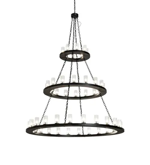 Replicating an old world chandelier of yore. Loxley was custom crafted with 48 Clear Seeded Glass Cylindres on three decorative rings which are hand finished in a Textured Black. Ideal for illuminating dining areas; conference tables; lobbies and other residential and commercial spaces. The overall height ranges from 101 to 172 inches as the chain length can be easily adjusted in the field to accommodate your specific lighting application needs. Handcrafted in our 180;000 square foot manufacturing facility in Yorkville; New York. Diffuser colors; metal finishes and chandelier sizes can be customized to meet your needs. UL and cUL listed for damp and dry locations. - alternate view