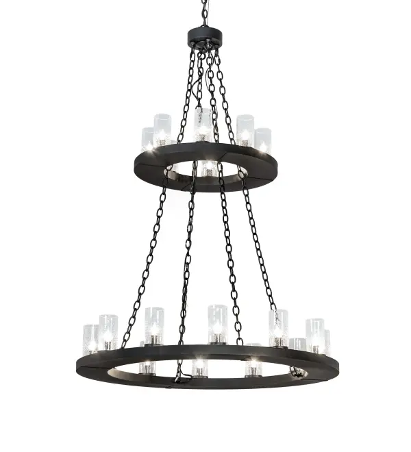 Replicating an old world chandelier of yore. Loxley was custom crafted with 20 Clear Seeded Glass Cylindres on two rugged decorative rings hand finished in a Textured Black. Ideal for illuminating dining areas; conference tables; lobbies and other residential and commercial spaces. Overall height ranges from 65 to 136 inches as the chain length can be easily adjusted in the field to accommodate your specific lighting application needs. Handcrafted in our 180;000 square foot manufacturing facility in Yorkville; NY. Fixture designs; metal finishes and chandelier sizes can be customized to meet your needs. UL and cUL listed for damp and dry locations.
