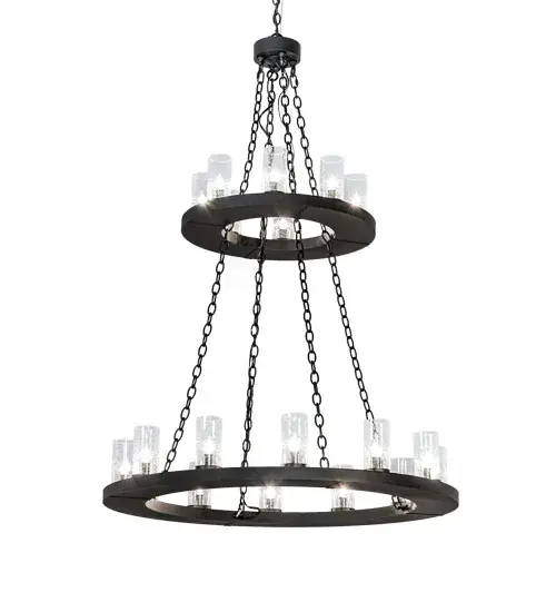 Replicating an old world chandelier of yore. Loxley was custom crafted with 20 Clear Seeded Glass Cylindres on two rugged decorative rings hand finished in a Textured Black. Ideal for illuminating dining areas; conference tables; lobbies and other residential and commercial spaces. Overall height ranges from 65 to 136 inches as the chain length can be easily adjusted in the field to accommodate your specific lighting application needs. Handcrafted in our 180;000 square foot manufacturing facility in Yorkville; NY. Fixture designs; metal finishes and chandelier sizes can be customized to meet your needs. UL and cUL listed for damp and dry locations. - alternate view