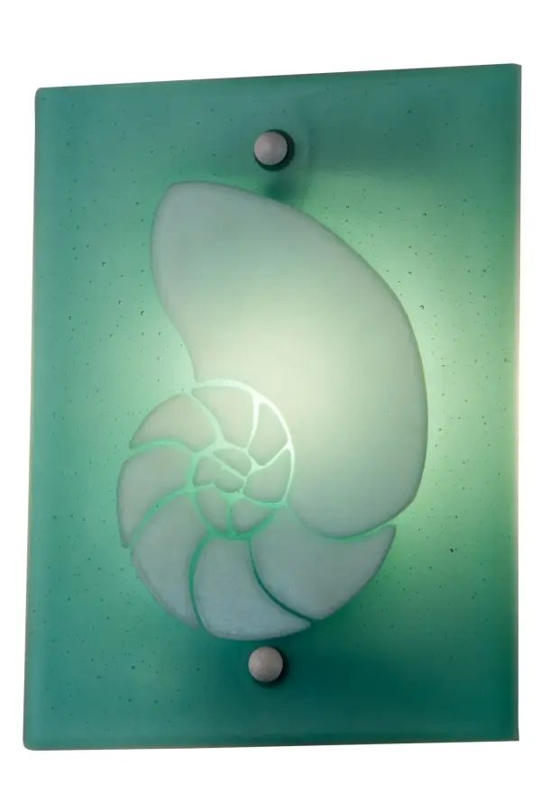 By the sea; by the sea; by the beautiful Aqua Sea made of stained art glass is an Iridized white glass Nautilus shell. This fused glass wall sconce will illuminate your shoreside escapades.