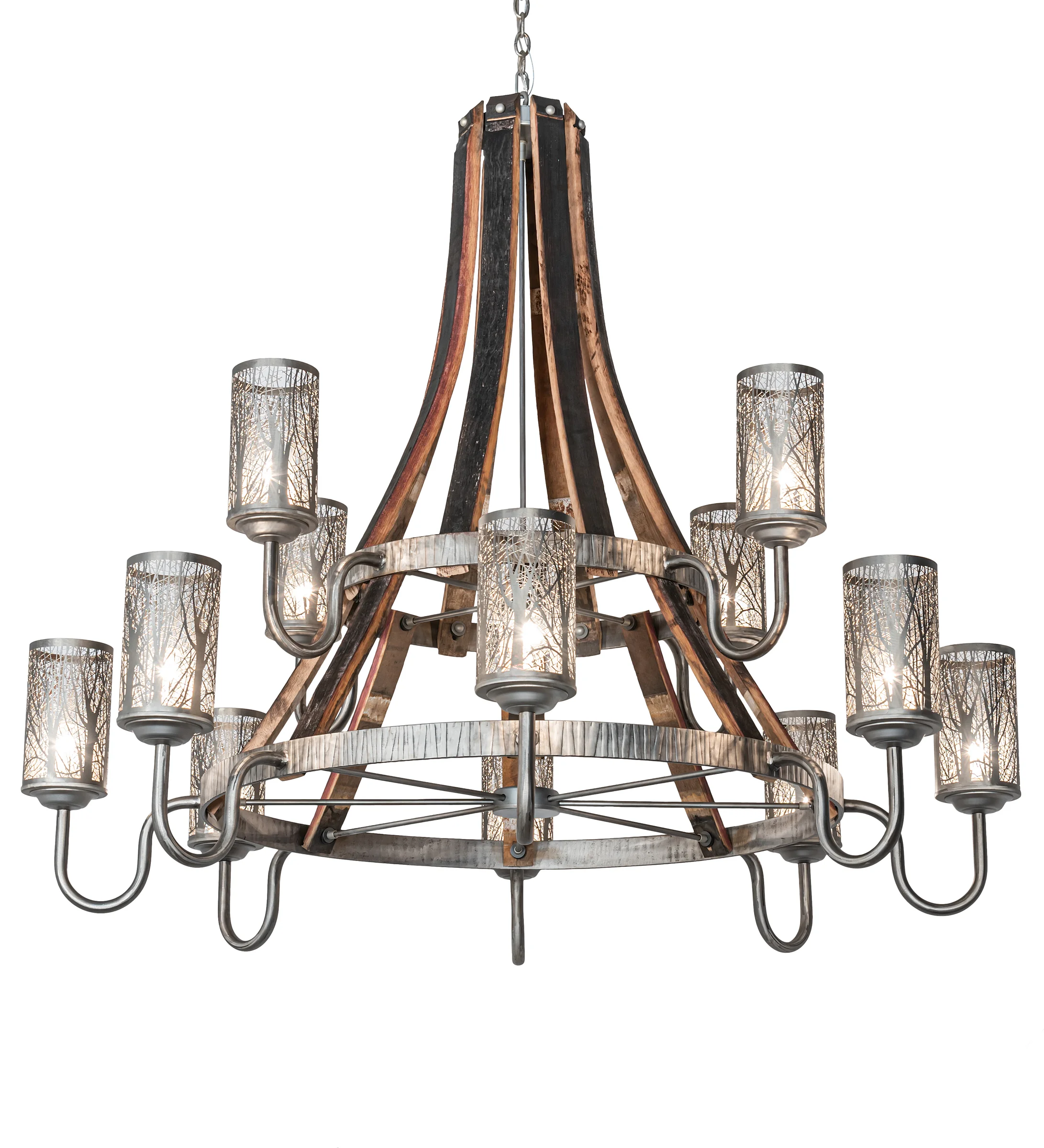 Barrel Stave 12 Light Chandelier in Industrial Steel/Charred Wood