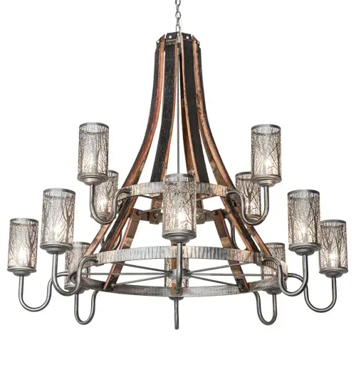 Elegant charm blends with rustic beauty. This chandelier is inspired by antique staves traditionally bound by metal hoops in the construction of beer and whisky barrels and wine casks. A Hammered Industrial Steel band and curved arms embrace 12 shades featuring Winter Maple Trees with stark branch designs. The shades align around the Charred Wooden Barrel Stave frame like soldiers at attention in abeyance of the barrel to which they serve. Overall height ranges from 58 to 178 inches as chain can be easily adjusted in the field. The Barrel Stave Winter Maple Chandelier is featured in our American made; American designed handcrafted Contemporary Rustic Collection. Manufactured in Yorkville; NY. UL and cUL listed for dry & damp locations. - alternate view