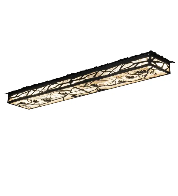 Listen closely. You can almost hear the soft whisper of the pine branches as they dance in the wind. Enjoy the warm ambiance of soft beautiful light diffused through a Silver Mica shade featuring stunning Pinecone and Pine Branch designs. The oblong ceiling fixture is enhanced in a Flat Black finish. Illuminated with Integral LEDs for energy savings; minimal maintenance and long life. Handcrafted by highly skilled artisans in our 180;000 square manufacturing facility in Yorkville; New York. Diffuser colors; metal finishes and sizes can be customized. UL and cUL listed for dry and damp locations.