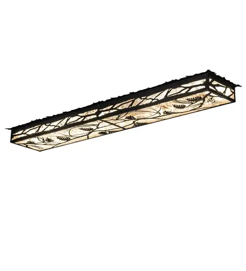 Listen closely. You can almost hear the soft whisper of the pine branches as they dance in the wind. Enjoy the warm ambiance of soft beautiful light diffused through a Silver Mica shade featuring stunning Pinecone and Pine Branch designs. The oblong ceiling fixture is enhanced in a Flat Black finish. Illuminated with Integral LEDs for energy savings; minimal maintenance and long life. Handcrafted by highly skilled artisans in our 180;000 square manufacturing facility in Yorkville; New York. Diffuser colors; metal finishes and sizes can be customized. UL and cUL listed for dry and damp locations. - alternate view