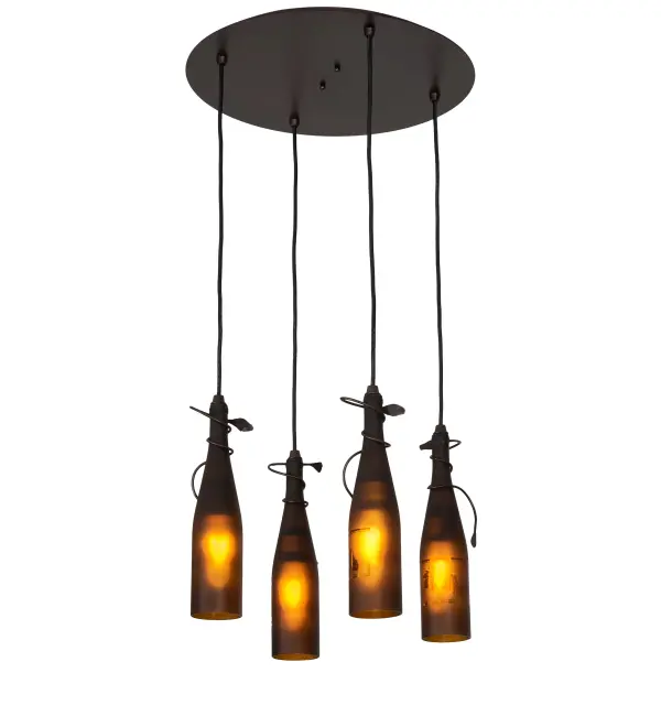Capture the life of the party with the whimsical design of the Meyda Wine Bottle Chandelier. So much fun that you may want to hang from it; but don't! Liven up a restaurant; club; or home with a chandelier that does so much more than deliver light; it adds personality and pizzazz. Four Amber wine bottles are embraced directly by the sturdy Mahogany Bronze finished round canopy. Each bottle is featured with vine-like accents in a complementary finish. Perfect for entryways and other spaces in homes; restaurants; hotels; pubs; nightclubs; wineries; and retailers; this chandelier will be appreciated for its fine detail and charm by connoisseurs from Washingtonville; New York; to Bluemont; Virginia; to Napa Valley; California. The overall height ranges from 17 to 85 inches; as the Black cords can adjusted to meet your exact lighting requirements. This rich-looking Tuscan Vineyard Wine Bottle Pendant is included in our American-made; American-designed; handcrafted Wine Bottle Lighting Collection. The fixture is manufactured in Yorkville; New York. UL and cUL listed for dry and damp locations. Take your finest bottle of wine; and Meyda will transform it into an everlasting personalized fixture of light. Contact us for more information on custom wine bottle lighting fixtures and lamps. You can also create custom lighting with beer bottles; mason jars; milk bottles; and other glass containers and vessels by contacting us!