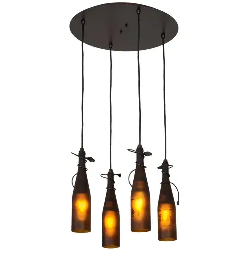 Capture the life of the party with the whimsical design of the Meyda Wine Bottle Chandelier. So much fun that you may want to hang from it; but don't! Liven up a restaurant; club; or home with a chandelier that does so much more than deliver light; it adds personality and pizzazz. Four Amber wine bottles are embraced directly by the sturdy Mahogany Bronze finished round canopy. Each bottle is featured with vine-like accents in a complementary finish. Perfect for entryways and other spaces in homes; restaurants; hotels; pubs; nightclubs; wineries; and retailers; this chandelier will be appreciated for its fine detail and charm by connoisseurs from Washingtonville; New York; to Bluemont; Virginia; to Napa Valley; California. The overall height ranges from 17 to 85 inches; as the Black cords can adjusted to meet your exact lighting requirements. This rich-looking Tuscan Vineyard Wine Bottle Pendant is included in our American-made; American-designed; handcrafted Wine Bottle Lighting Collection. The fixture is manufactured in Yorkville; New York. UL and cUL listed for dry and damp locations. Take your finest bottle of wine; and Meyda will transform it into an everlasting personalized fixture of light. Contact us for more information on custom wine bottle lighting fixtures and lamps. You can also create custom lighting with beer bottles; mason jars; milk bottles; and other glass containers and vessels by contacting us! - alternate view