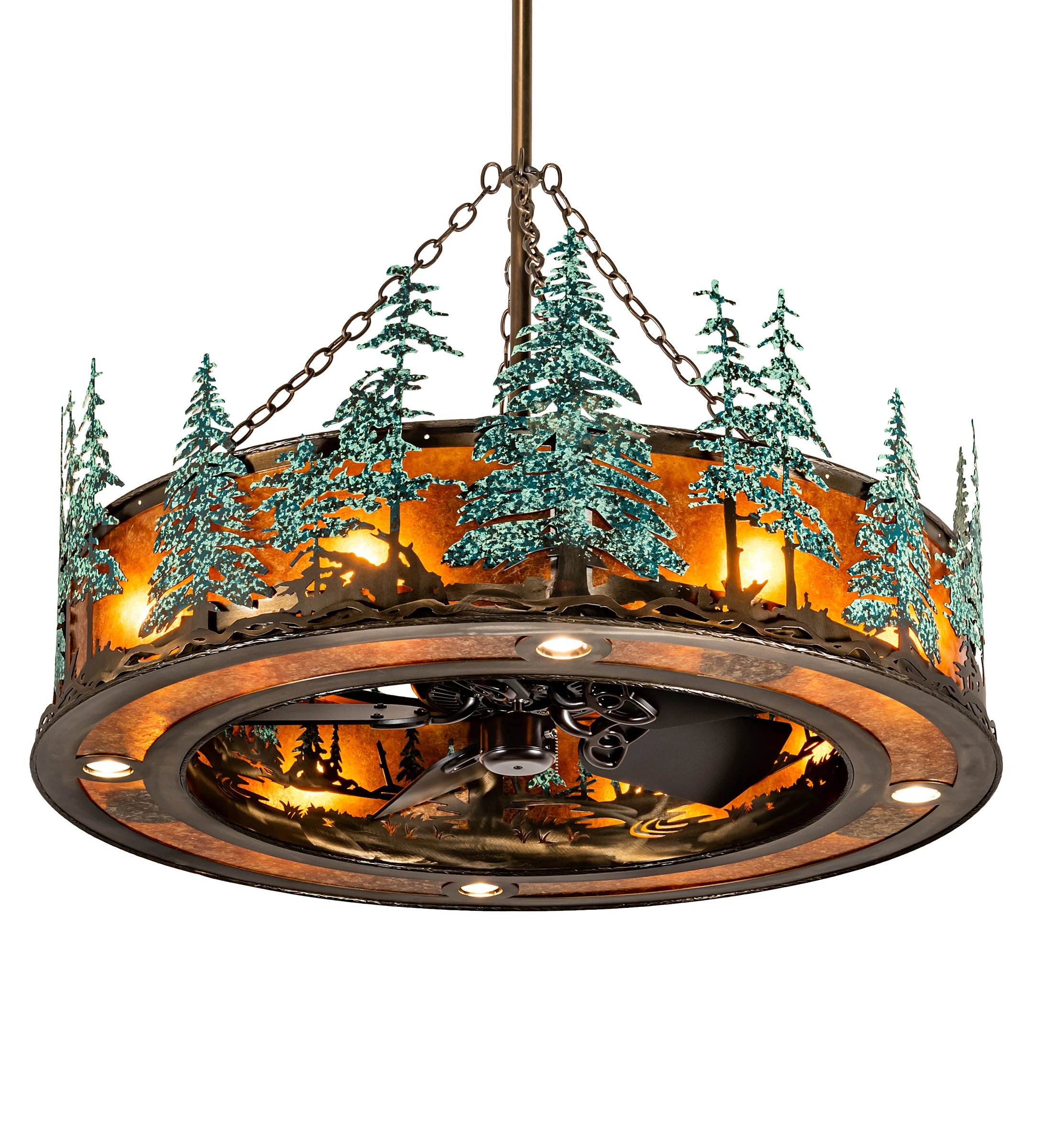 Tall Pines 12 Light Chandel-Air in Antique Copper With Green Trees
