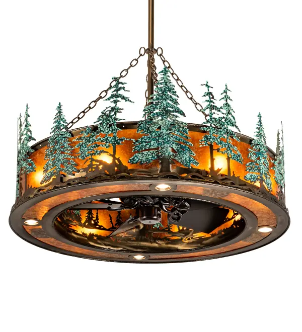 A stand of Green Handpainted Tall Pines accents this fan-integrated custom lighting fixture which features Antique Copper finished hardware. An Amber Mica diffuser illuminates while gentle breezes are created by a fan spinning quietly in the center. Multiple layers of light for different moods and tasks include eight inner lights used for a decorative effect and to bring out the beauty of the Mica while four downlights deliver functional illumination on surfaces below. The Tall Pines design is inspired by the Coconino National Forest in Arizona, to the Deschutes National Forest in Oregon, to the Ancient Bristlecone Pine Forest of California. This Chandel-Air is ideal for use in an entryway, lobby, ballroom, and other rooms in residential, hospitality, and commercial settings. In summer, the fan pushes down a windchill that circulates to keep the space cool and comfortable. In winter, the fan is reversed to pull the room air towards the ceiling, forcing the warm air back down & circulate to create warmth. The Tall Pines Chandel-Air is included in our American-made, American-designed, handcrafted, award-winning Chandel-Air Collection and manufactured in Yorkville, NY. UL & cUL listed for dry and damp locations. Collection: Tall Pines Finish: Antique Copper With Green Trees Glass: Amber Mica Width: 44.50" Height: 66.00" Length: 44.50" Weight: 140.00 lb Number of Bulbs: 8 Maximum Wattage: 60.00 W Bulb Type: A19 Bulb Base: E26 Material: Steel Country of Origin: USA Safety Listing: Damp Safety Rating: Damp