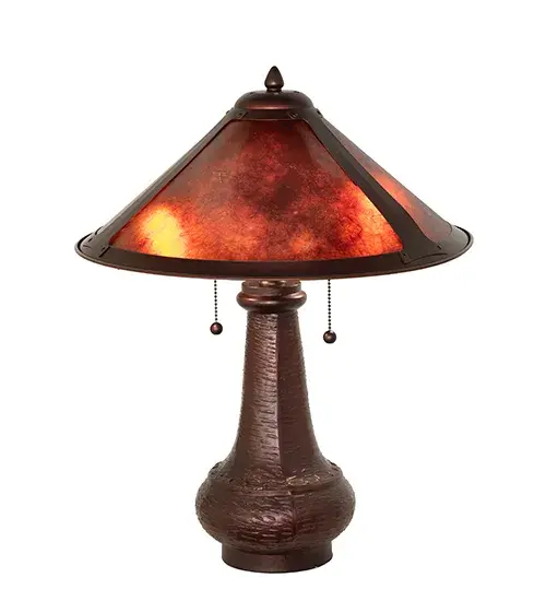 In the tradition of American master craftsman Dirk Van Erp; this appealing hand finished Mahogany Bronze base and shade frame complements a stunning Amber Mica shade that projects beautiful ambient light. Custom sizes; styles and colors are available; as well as dimmable; energy efficient lamping options. The lamp is UL and cUL listed for dry locations. - alternate view