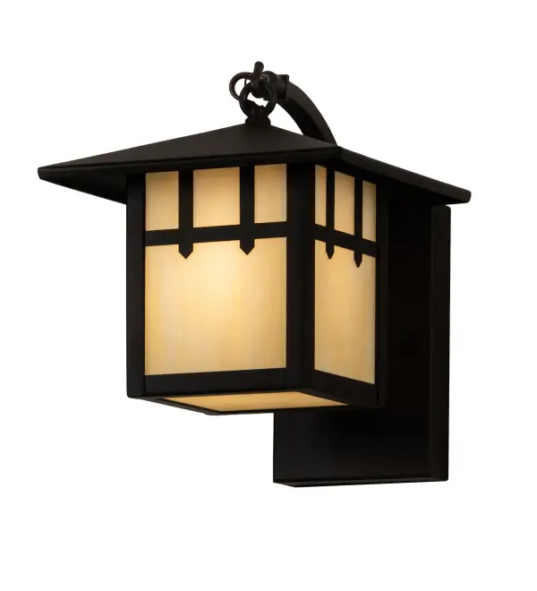 Custom crafted of Solid Brass. A stunning Craftsman Signature design statement is created with a dramatic Mission styled straight line design. Highlighted with Beige Art Glass shade and an Oil Rubbed Bronze finish. This indoor/outdoor hanging wall sconce with a curved arm is handcrafted by highly skilled artisans in our 180;000 square foot manufacturing facility in Yorkville; NY. Lens colors; metal finishes and sconce sizes can be customized to meet your needs. UL and cUL listed for dry; damp and wet locations.
