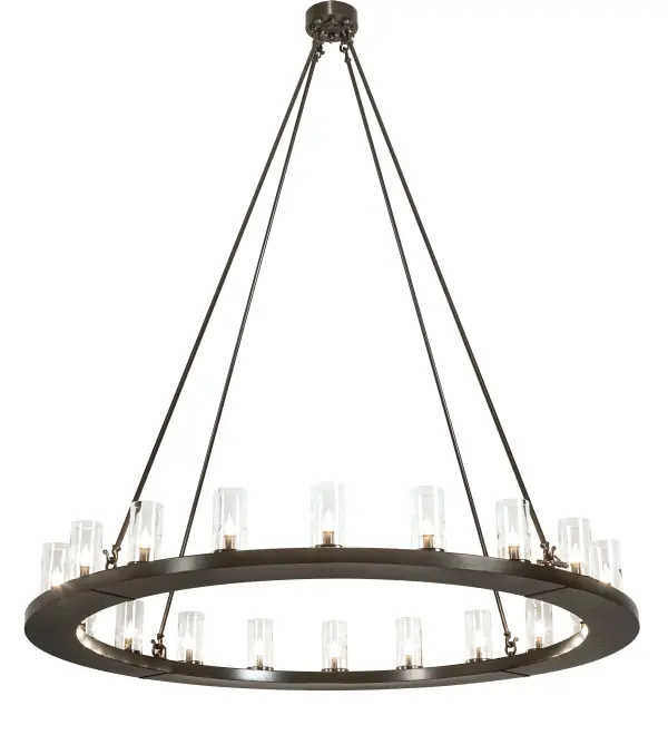 Blending an elegant style with a classic, distinguished look... This massive Loxley chandelier is custom-crafted with 20 Clear Glass Cylindres, providing beautiful ambient lighting. These illuminating elements are perched on a sturdy ring, enhanced with a Timeless Bronze finish. The luxurious custom-crafted fixture is ideal for illuminating ballrooms, dining areas, lobbies, entryways, and other residential, hospitality, and commercial spaces. The Loxley 20 Light Chandelier is part of our American-made, American-designed, handcrafted Loxley Lighting Collection. This fixture is manufactured in Yorkville, New York, and is UL and cUL listed for dry and damp locations. The Loxley Collection features various chandeliers, pendants, and wall sconces designed with sturdy rings accented with faux candlelights or cylindrical elements. Many of these fixtures make great statement pieces for large spaces and can be customized with your choice of size, finish, and lamping. Collection: Loxley Finish: Timeless Bronze Glass: Clear Glass Width: 60.00" Height: 72.00" Length: 60.00" Weight: 64.00 lb Number of Bulbs: 20 Maximum Wattage: 60.00 W Bulb Type: BA9 Bulb Base: E12 Material: Steel Country of Origin: USA Safety Listing: Damp Safety Rating: Damp