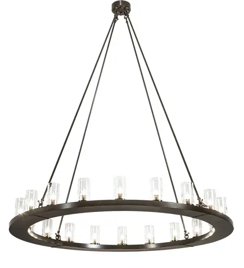 Blending an elegant style with a classic, distinguished look... This massive Loxley chandelier is custom-crafted with 20 Clear Glass Cylindres, providing beautiful ambient lighting. These illuminating elements are perched on a sturdy ring, enhanced with a Timeless Bronze finish. The luxurious custom-crafted fixture is ideal for illuminating ballrooms, dining areas, lobbies, entryways, and other residential, hospitality, and commercial spaces. The Loxley 20 Light Chandelier is part of our American-made, American-designed, handcrafted Loxley Lighting Collection. This fixture is manufactured in Yorkville, New York, and is UL and cUL listed for dry and damp locations. The Loxley Collection features various chandeliers, pendants, and wall sconces designed with sturdy rings accented with faux candlelights or cylindrical elements. Many of these fixtures make great statement pieces for large spaces and can be customized with your choice of size, finish, and lamping. Collection: Loxley Finish: Timeless Bronze Glass: Clear Glass Width: 60.00" Height: 72.00" Length: 60.00" Weight: 64.00 lb Number of Bulbs: 20 Maximum Wattage: 60.00 W Bulb Type: BA9 Bulb Base: E12 Material: Steel Country of Origin: USA Safety Listing: Damp Safety Rating: Damp - alternate view