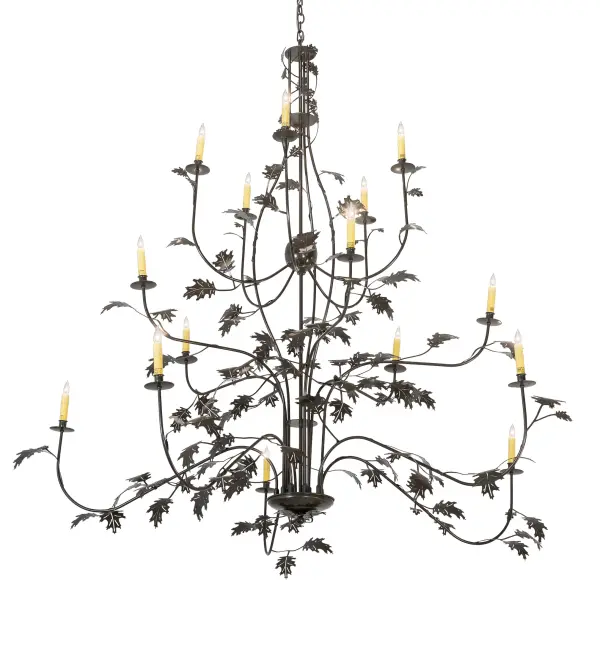 Rustic charm is revealed with this massive nature inspired chandelier as stunning Oak leaves flourish from branches that adorn 15 Ivory faux candlelights. This elaborate fixture is enhanced with a Timeless Bronze finish. This chandelier is ideal for foyers, entryways and any room where you want to make a design statement. The overall height ranges from 72 to 251 inches as the chain length can be easily adjusted in the field to accommodate your specific lighting application needs. Handcrafted in our 180,000 square foot manufacturing facility in Yorkville, New York at the foothills of the breathtaking Adirondack Mountains. Candlelight colors, metal finishes and fixture sizes can be customized to your needs. UL and cUL listed for dry and damp locations. Collection: Oak Leaf Finish: Timeless Bronze Glass: Black Width: 72.00" Height: 72.00" Length: 72.00" Weight: 48.00 lb Number of Bulbs: 15 Maximum Wattage: 60.00 W Bulb Type: BA9 Bulb Base: E12 Material: Steel Country of Origin: USA Safety Listing: Damp Safety Rating: Damp