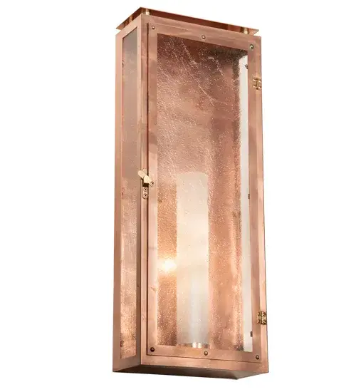 The material is Copper, Brass and Glass. The finish is Raw Copper and Raw Brass. The glass cylinder is Clear Frosted and the outside panels are Clear Seeded. Collection: Nottingham Finish: Raw Copper/Raw Brass Glass: Clear Seeded And Frosted Glass Width: 9.00" Height: 23.00" Length: 4.00" Weight: 11.00 lb Extension from Wall: 4.00" Number of Bulbs: 1 Maximum Wattage: 7.00 W Bulb Type: CA11 Bulb Base: E12 Light Source: LED Material: Copper/Brass Country of Origin: USA Safety Rating: Damp LED