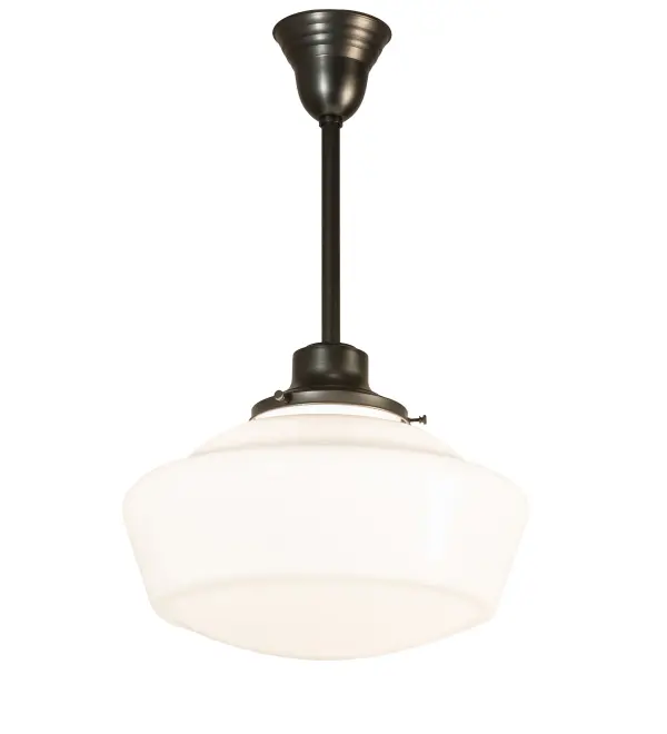 The Revival Schoolhouse glass reflects an authentic classic design. A perfectly formed shade is handcrafted of White Opal Schoolhouse Glass with rich artisanship and style. Originally used in private residences, schools, galleries and libraries, this Schoolhouse electrical reproduction pendant can be cord hung and will illuminate a broad range of interiors today. The Brass constructed pendant is enhanced with a Craftsman Brown finish. Handcrafted by highly skilled artisans in our 180,000 square manufacturing facility in Yorkville, New York. Diffuser colors, metal finishes and fixture sizes can be customized. UL and cUL listed for dry and damp locations. Collection: Revival Finish: Craftsman Brown Glass: White Opal Glass Width: 16.00" Height: 25.00" Length: 16.00" Weight: 7.00 lb Number of Bulbs: 1 Maximum Wattage: 60.00 W Bulb Type: A19 Bulb Base: E26 Material: Brass Country of Origin: USA Safety Listing: Damp Safety Rating: Damp