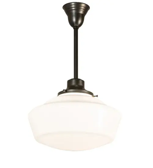 The Revival Schoolhouse glass reflects an authentic classic design. A perfectly formed shade is handcrafted of White Opal Schoolhouse Glass with rich artisanship and style. Originally used in private residences, schools, galleries and libraries, this Schoolhouse electrical reproduction pendant can be cord hung and will illuminate a broad range of interiors today. The Brass constructed pendant is enhanced with a Craftsman Brown finish. Handcrafted by highly skilled artisans in our 180,000 square manufacturing facility in Yorkville, New York. Diffuser colors, metal finishes and fixture sizes can be customized. UL and cUL listed for dry and damp locations. Collection: Revival Finish: Craftsman Brown Glass: White Opal Glass Width: 16.00" Height: 25.00" Length: 16.00" Weight: 7.00 lb Number of Bulbs: 1 Maximum Wattage: 60.00 W Bulb Type: A19 Bulb Base: E26 Material: Brass Country of Origin: USA Safety Listing: Damp Safety Rating: Damp - alternate view