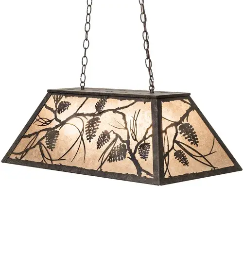 Listen closely. You can almost hear the soft whisper of the Pine Branches as they dance in the wind. Enjoy the ambiance of soft beautiful light diffused through the Silver Mica panels featuring a stunning Pinecone and Pine Branch design. This oblong pendant is featured in an Antiquity finish. Ideal for illumination kitchen islands, billiard and dining tables, counters and bars. The overall height ranges from 18 to 48 inches as the chain length can be easily adjusted in the field to accommodate your specific lighting application needs. Handcrafted in our 180,000 square foot manufacturing facility in Yorkville, New York. Shade colors, metal finishes and fixture sizes can be customized to your needs. UL and cUL listed for dry and damp locations. Collection: Whispering Pines Finish: Antiquity Glass: Silver Mica Width: 17.00" Height: 18.00" Length: 33.00" Weight: 17.50 lb Number of Bulbs: 6 Maximum Wattage: 60.00 W Bulb Type: A19 Bulb Base: E26 Material: Steel Country of Origin: USA Safety Listing: Damp Safety Rating: Damp - alternate view