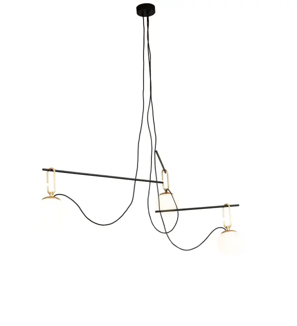 This architectural lighting fixture is designed with a unique and stylish design. Suspended from this two-tier pendant are two White Art Glass Orbs suspended by Brushed Waxed Brass hooks embraced by Black Textured linear bars. The elaborate geometric structure features decorative elements that are powered by Black cords. Ideal for placement in entryways; lobbies; and other spaces where you want to make a dramatic design statement in residential and hospitality settings. Perfect in homes and other spaces nationwide; from Detroit; Michigan; to Louisville; Kentucky; to Sacramento; California. The Bola Mahina Pendant is included in our American-made; American-designed; handcrafted Modern Lighting Collection and manufactured in Yorkville; New York. UL and cUL listed for dry and damp locations.