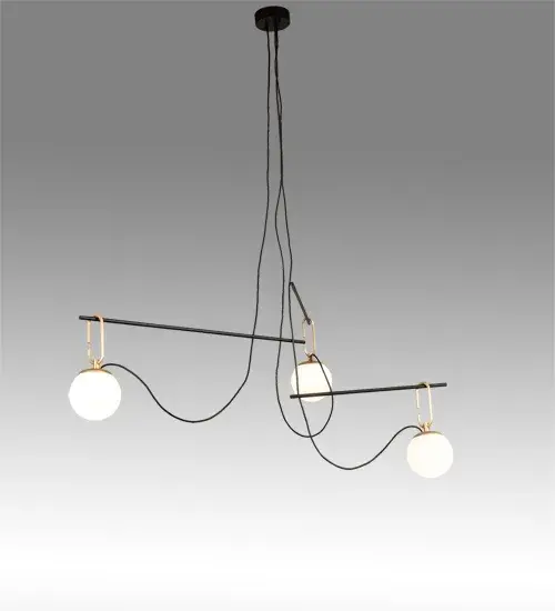 This architectural lighting fixture is designed with a unique and stylish design. Suspended from this two-tier pendant are two White Art Glass Orbs suspended by Brushed Waxed Brass hooks embraced by Black Textured linear bars. The elaborate geometric structure features decorative elements that are powered by Black cords. Ideal for placement in entryways; lobbies; and other spaces where you want to make a dramatic design statement in residential and hospitality settings. Perfect in homes and other spaces nationwide; from Detroit; Michigan; to Louisville; Kentucky; to Sacramento; California. The Bola Mahina Pendant is included in our American-made; American-designed; handcrafted Modern Lighting Collection and manufactured in Yorkville; New York. UL and cUL listed for dry and damp locations. - alternate view