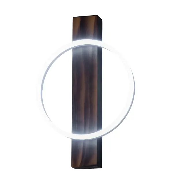 A stunning modern ring is combined with a handsome rustic look. A brilliant illuminating Statuario Idalight Halo is embraced by a Wooden backplate with a Satin Wood finish. Integral LEDs deliver energy efficient illumination and long lamp life. Custom crafted by highly skilled artisans in our 180;000 sq ft manufacturing facility in Yorkville; NY at the foothills of the Adirondack Mountains. Customize fixture sizes; metal finishes and diffuser colors to your tastes. UL and cUL listed for dry and damp locations.