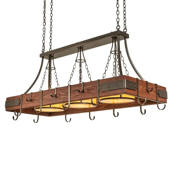The material is Steel; Wood; and Idalight. The finish is Distressed Dark Walnut and Bronze. The diffuser is Travertine Idalight. (Cookware not included)