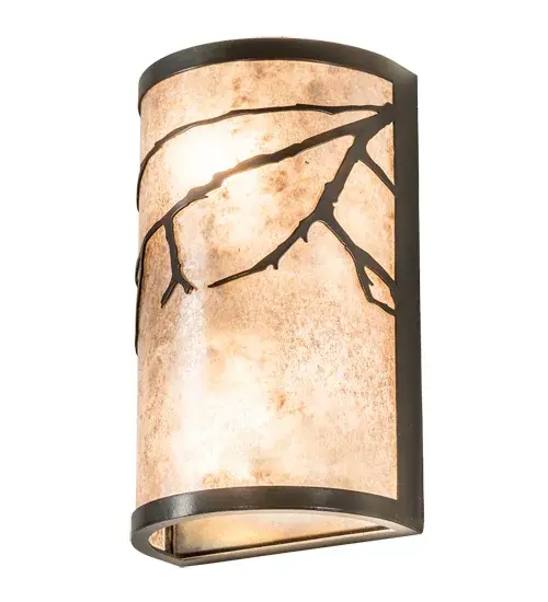 Silhouetted against a dusky sky. Oak tree branches mesmerize with a striking look inspired by Mother Nature. This ADA Compliant Wall Sconce is adorned with a Silver Mica shade. The diffuser is enhanced with decorative accents replicating a tree and branches hand finished in Dark Burnished Antique Copper. This luminaire delivers upward and downward illumination to create unique effects on the wall. Handmade in our 180,000 square foot manufacturing facility in Yorkville, New York. Shade colors, metal finishes and pendant sizes can be customized to your specifications. UL and cUL listed for dry and damp locations. Collection: Branches Finish: Dark Burnished Antique Copper Glass: Silver Mica Width: 6.00" Height: 10.00" Length: 4.00" Weight: 2.00 lb Extension from Wall: 4.00" Number of Bulbs: 2 Maximum Wattage: 60.00 W Bulb Type: A15 Bulb Base: E26 Material: Steel Country of Origin: USA Safety Listing: Damp Safety Rating: Damp - alternate view