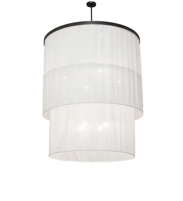 This stunning lighting pendant seamlessly blends a modern aesthetic with a minimalist design. The pendant features two alluring White Textrene shades that are complemented with Old Wrought Iron hardware. The massive fixture can illuminate an entryway or dining area in homes, lounges, and restaurants. The overall height ranges from 56 to 139 inches, as the stem can be adjusted on location. The Cilindro 2 Tier Pendant is included in our American-made, American-designed, handcrafted Modern Lighting Collection and manufactured in Yorkville, New York. The fixture is UL and cUL listed for dry and damp locations, however, we do not recommend installing it in spaces that experience excessive moisture due to the fabric shades. Collection: Cilindro Finish: Old Wrought Iron Glass: White Rapture Width: 60.00" Height: 56.00" Length: 60.00" Weight: 120.00 lb Number of Bulbs: 8 Maximum Wattage: 9.00 W Bulb Type: A19 Bulb Base: E26 Light Source: LED Material: Steel Country of Origin: USA Safety Rating: Damp LED