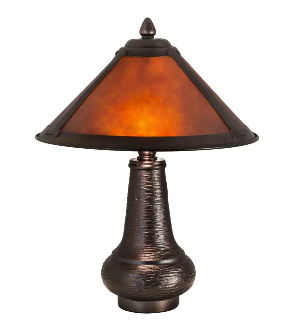 In the tradition of American master craftsman Dirk Van Erp; this appealing hand finished Mahogany Bronze frame glows with the warmth of the natural Amber Mica panels within. The shade is supported by a textured onion shaped accent lamp base in matching Mahogany Bronze finish.