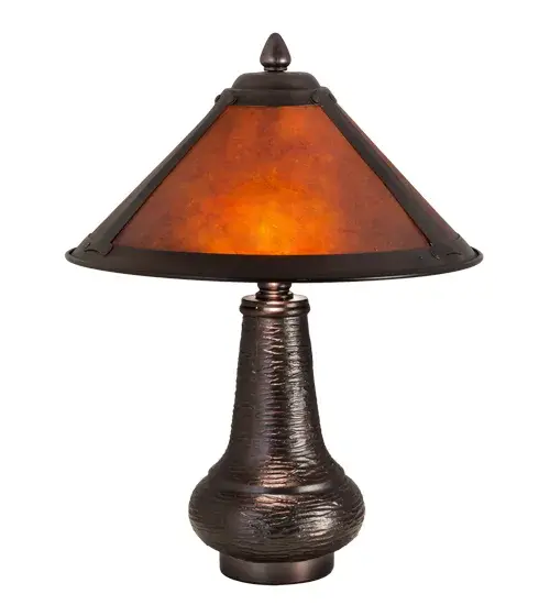 In the tradition of American master craftsman Dirk Van Erp; this appealing hand finished Mahogany Bronze frame glows with the warmth of the natural Amber Mica panels within. The shade is supported by a textured onion shaped accent lamp base in matching Mahogany Bronze finish. - alternate view