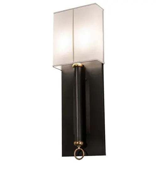 The material is Brass and Textrene. The finish is Craftsman Brown and Raw Brass. The diffuser is White Textrene. Collection: Richland Finish: Craftsman Brown/Raw Brass Glass: White Textrene Width: 12.00" Height: 37.00" Length: 4.00" Weight: 10.50 lb Extension from Wall: 4.00" Number of Bulbs: 2 Maximum Wattage: 9.00 W Bulb Type: A19 Bulb Base: E26 Light Source: LED Material: Brass Country of Origin: USA Safety Rating: Damp LED