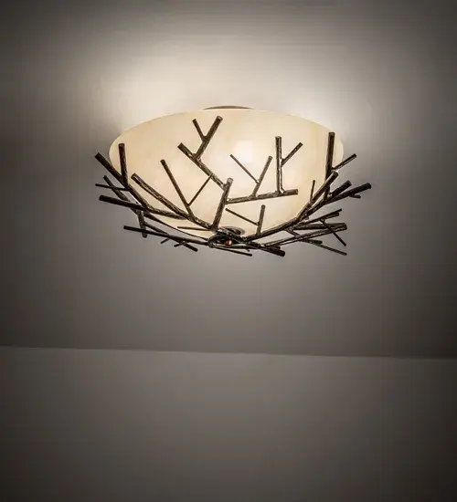 Metal Branches in an Antique Copper finish appear to grow and flourish around this curvaceous ceiling fixture. The Branches Flushmount features a stunning Botticino Idalight Lens for beautiful ambient illumination. Domestically Produced in our 180;000 square foot manufacturing facility in Yorkville; NY; in the foothills of the breathtaking Adirondack Mountains. Customize the shade colors; metal finishes and fixture sizes to your taste. UL and cUL listed for dry and damp locations.