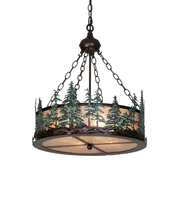 The material is Steel and Mica. The finish is Mahogany Bronze and Green Painted Trees. The diffuser is Silver Mica.