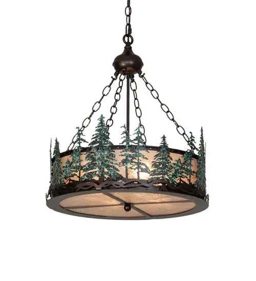 The material is Steel and Mica. The finish is Mahogany Bronze and Green Painted Trees. The diffuser is Silver Mica. - alternate view
