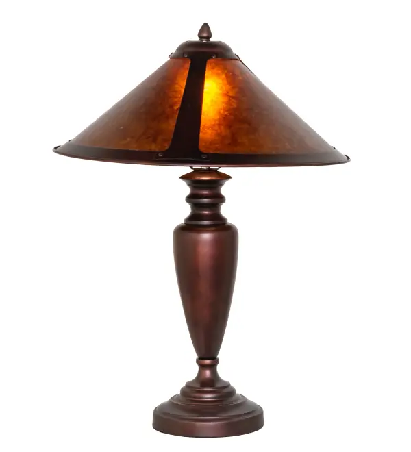 In the tradition of American master craftsman Dirk Van Erp; this appealing hand finished Mahogany Bronze frame glows with the warmth of the natural Amber Mica panels within. The shade is supported by an elegantly simple table lamp base in matching Mahogany Bronze finish.